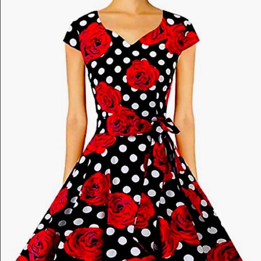 New Black, red roses and white polka dots dress. Tea dress/prom/party.